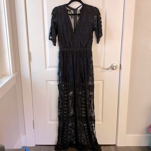 Short jumpsuit with floor length overlay and flutter sleeves